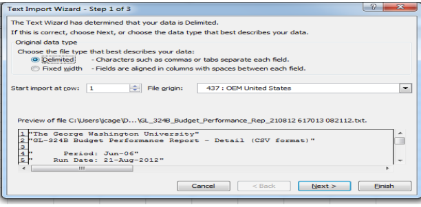 Import to Excel step 1 screen