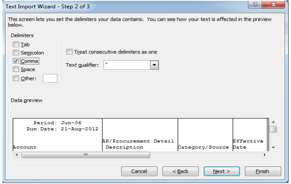 Import to Excel step 2 screen
