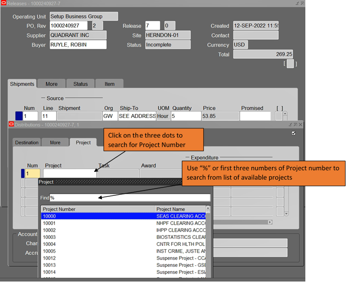Process for finding project number