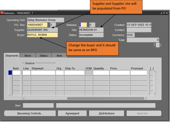 Supplier and buyer information screen