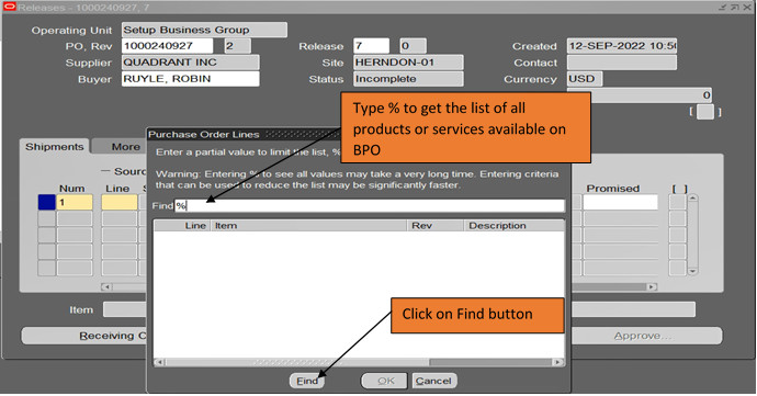 Screen to obtain products or services on BPO