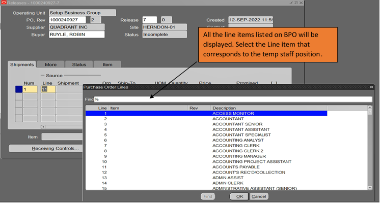 List of line items on BPO