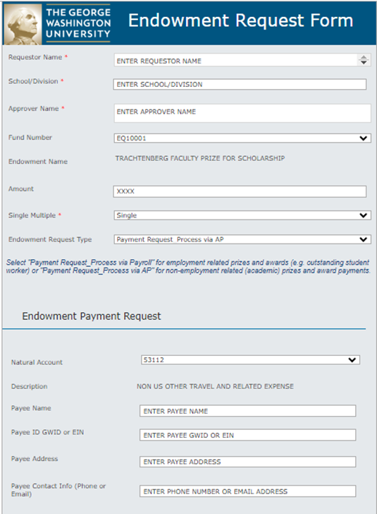 Endowment request form initial page