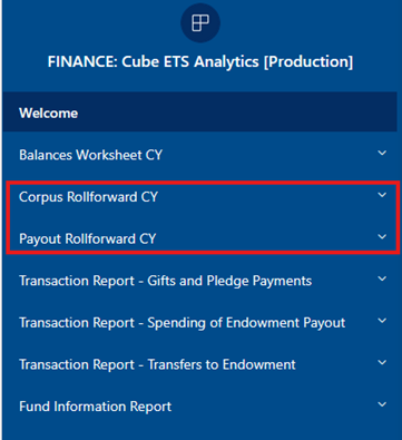 Cube ETS Analytics Corpus and Payout selection screen
