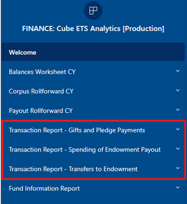 Cube ETS menu for trasaction reports