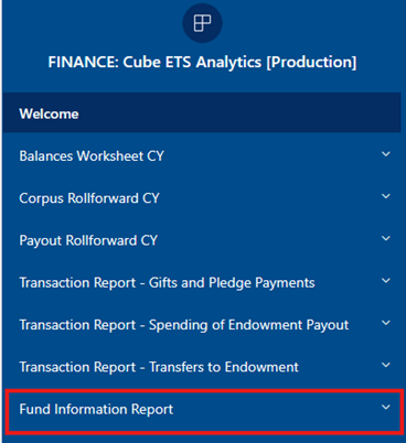 Fund Information Report selection screen