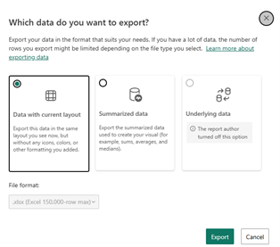 Data to export selection screen