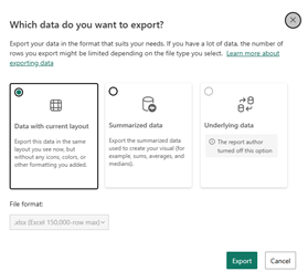 Data to export selection screen