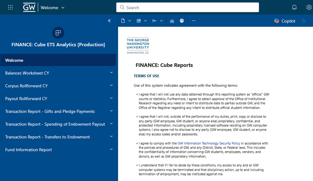 Finance Cube Reports log in screen