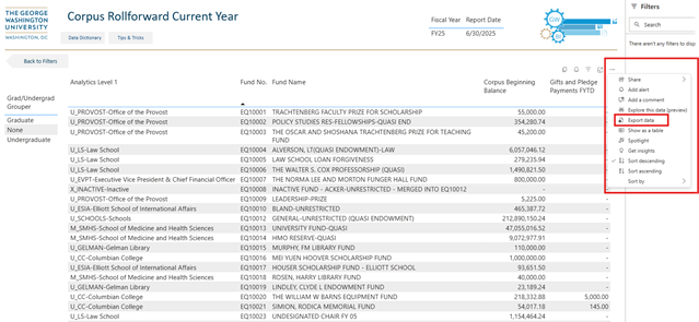 Screen to select export Corpus Rollforward data