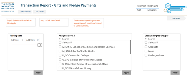 Transaction Reports gifts and pledge payment screen
