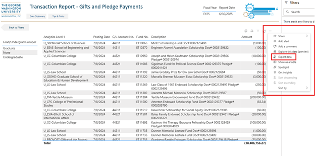 screen to export transaction report for gift and pledge payments