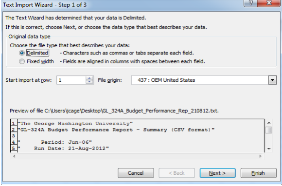 Import to Excel step 1 screen