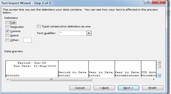 Import to Excel step 2 screen