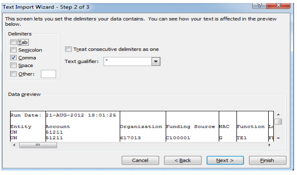 Import to Excel step 2 screen