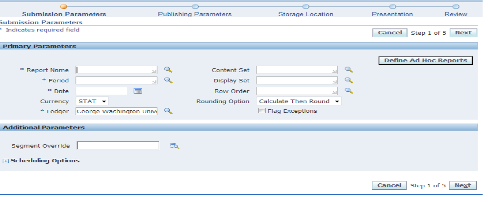 Submissin parameter window