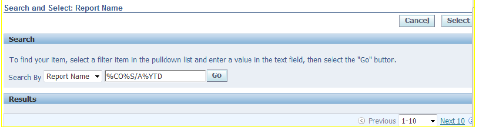 Search and select report name
