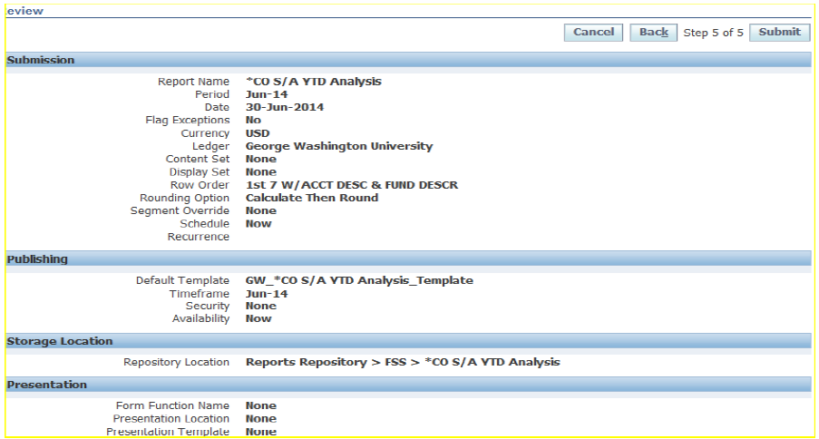 Review parameters screen