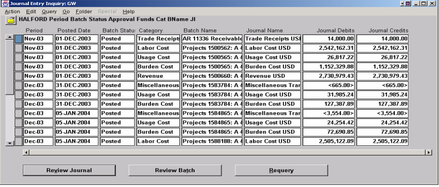 Journal inquiry results screen