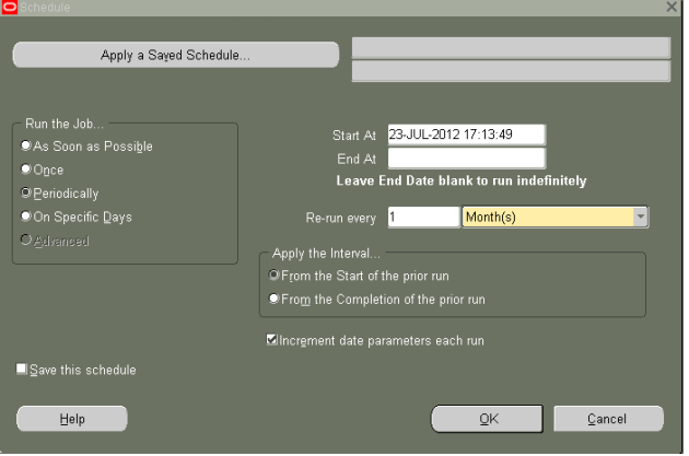 Apply a saved schedule screen