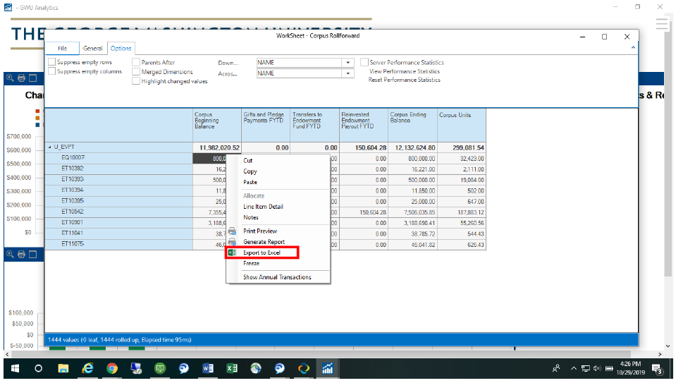 Screenshot showing selection of Export to Excel