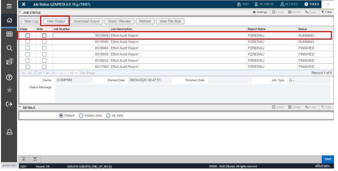 Screen from which to view report output