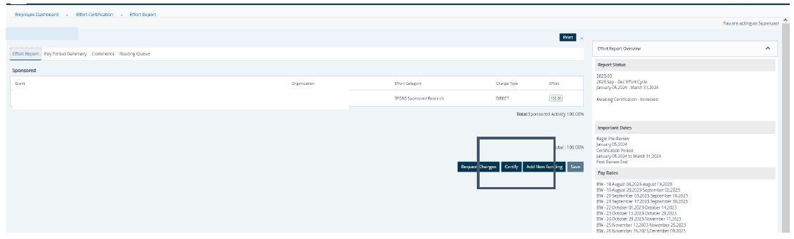 Screen to certify effort report