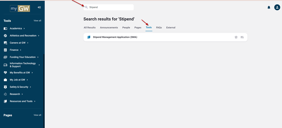 Searching for stipend on GW portal